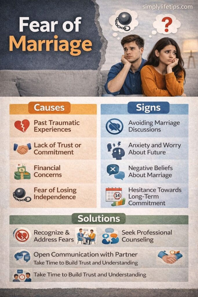 Fear of marriage causes, signs and solutions infographic showing relationship anxiety and ways to overcome commitment fear