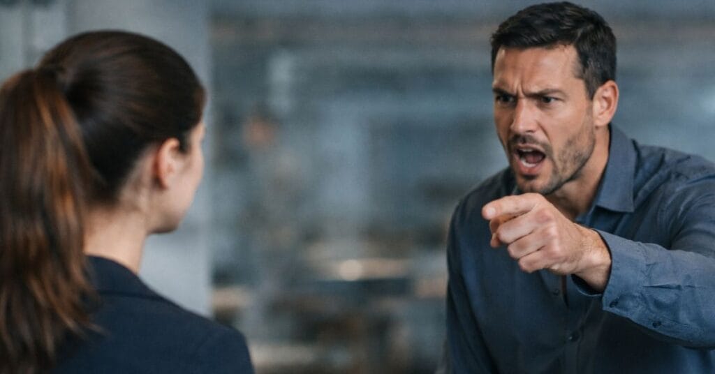 Handle Disrespect Calmly 1 How to handle disrespect? Man pointing angrily at a woman in an office showing a disrespectful situation