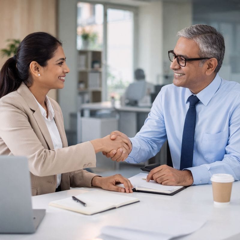 Etiquette Rules in India (That Actually Apply Everywhere) 5 Indian professionals shaking hands in office showing workplace etiquette and mutual respect