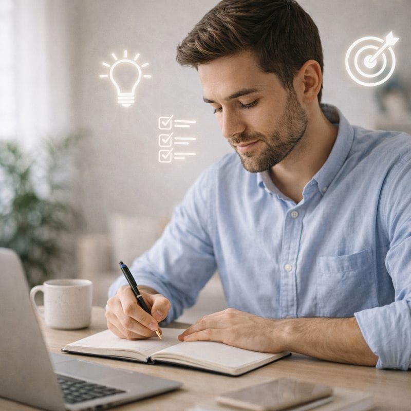 Focused man working calmly with mental clarity after reducing stress