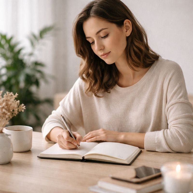 Woman journaling peacefully to reduce mental stress and improve clarity