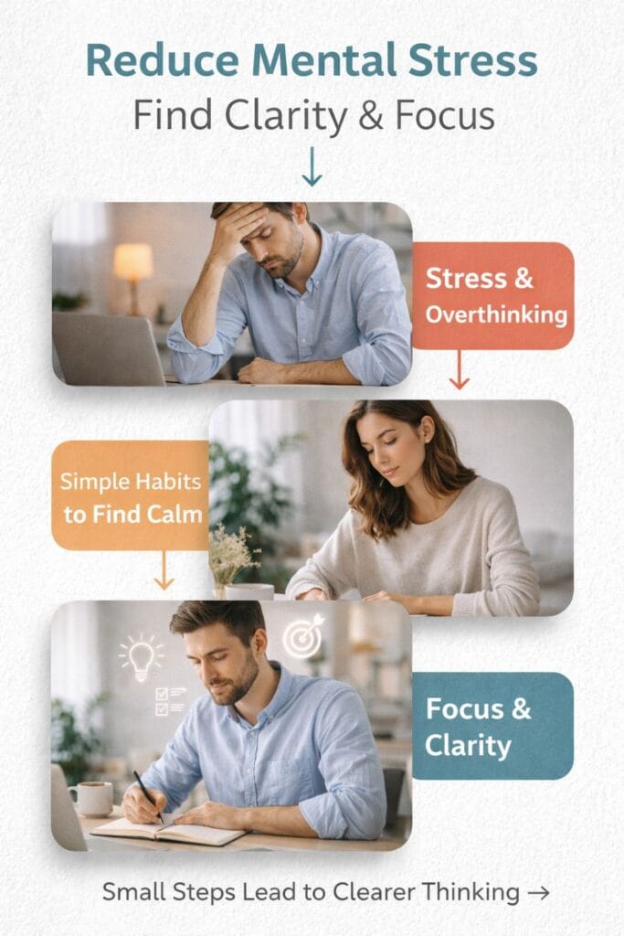 Reduce mental stress infographic showing steps to stop overthinking and gain clarity
