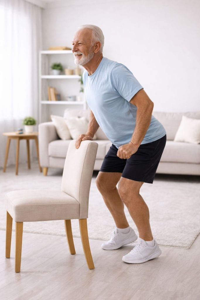 Strength Exercises for Seniors 3 Senior performing sit to stand chair exercise at home