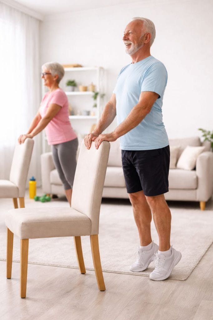Strength Exercises for Seniors 6 Senior performing standing calf raises exercise using chair support at home