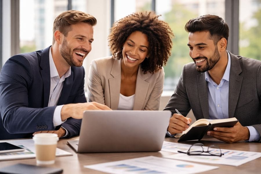 Surround Yourself with Successful People 3 Three professionals discussing ideas and working together on a laptop in a modern office
