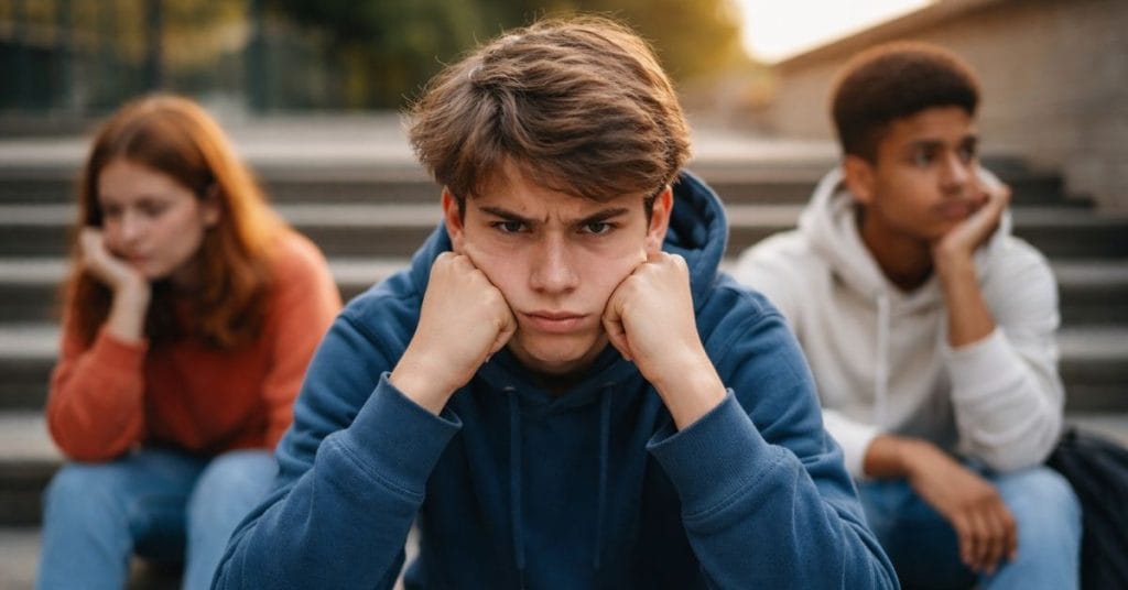 Teenage Anger Management - Teen experiencing anger and emotional stress with friends in background