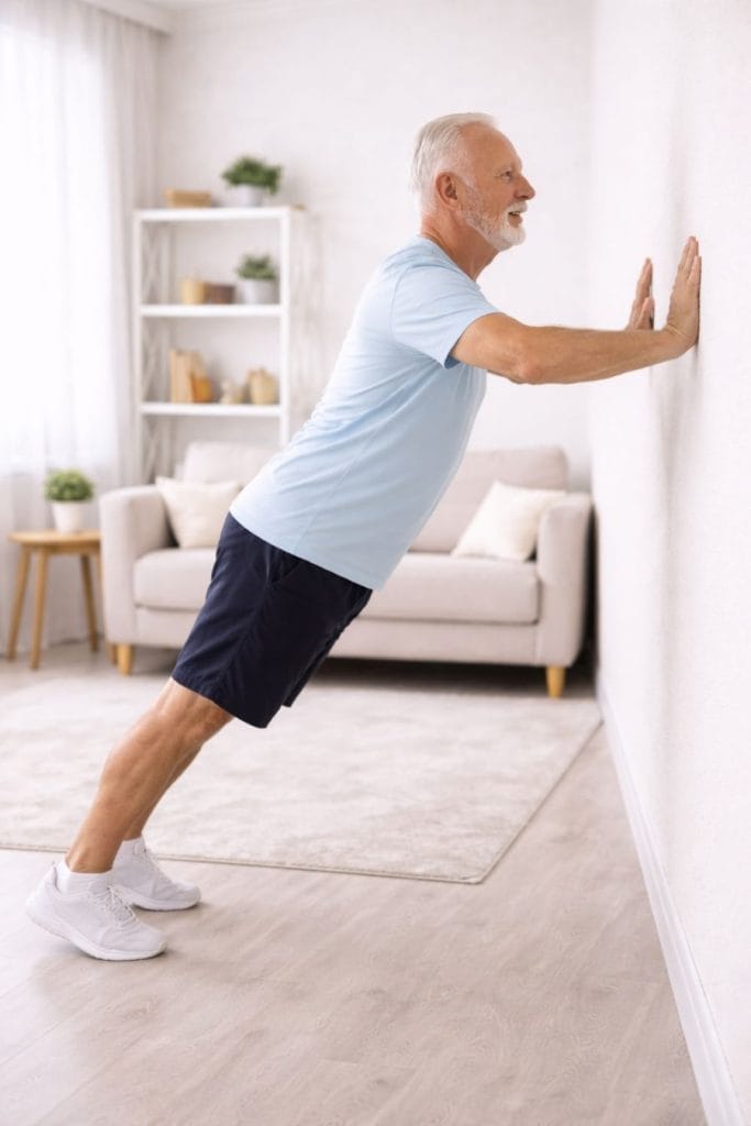 Strength Exercises for Seniors 4 Senior doing wall push ups exercise at home