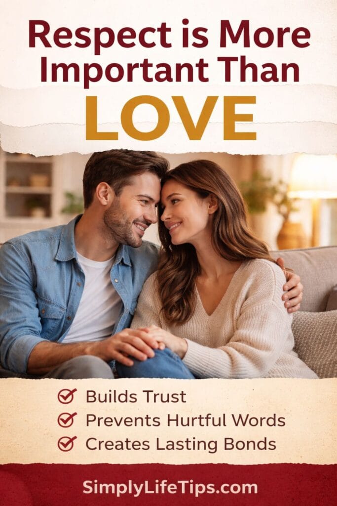 Why Respect is More Important Than Love in Relationships 3 A romantic couple sitting together with text “Respect is More Important Than Love” highlighting key benefits like trust, communication, and lasting relationships.