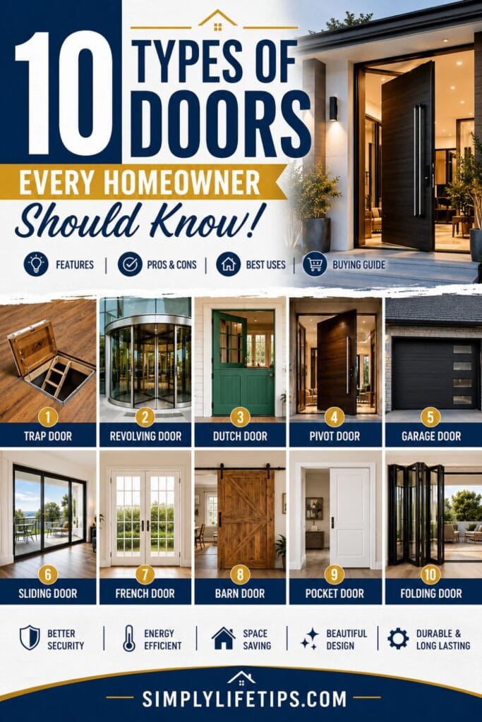 Types of Doors For Students Learning 3 Infographic showing 10 types of doors including sliding, French, barn, pocket, pivot, garage, Dutch, revolving, trap, and folding doors.