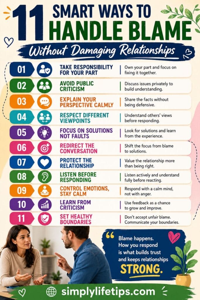 How to Handle Blame Without Damaging Relationships 3 Infographic showing 11 smart ways to handle blame without damaging relationships, including taking responsibility, listening carefully, focusing on solutions, respecting different viewpoints, and setting healthy boundaries.
