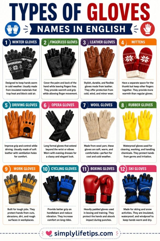 Colorful infographic showing 12 different types of gloves in English including winter gloves, fingerless gloves, leather gloves, mittens, driving gloves, opera gloves, wool gloves, rubber gloves, work gloves, cycling gloves, boxing gloves, and ski gloves with descriptions.