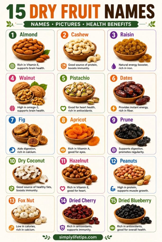Colorful Pinterest infographic featuring 15 dry fruit names in English including Almond, Cashew, Raisin, Walnut, Pistachio, Dates, Fig, Apricot, Prune, Dry Coconut, Hazelnut, Peanuts, Fox Nut, Dried Cherry, and Dried Blueberry. Each dry fruit is displayed in a wooden bowl with a clear label and brief health benefit. Educational food vocabulary infographic for students