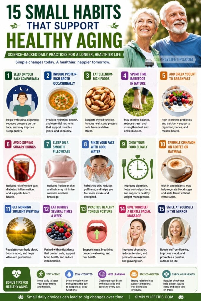 Small Habits That Support Healthy Aging infographic showing 15 science-backed daily lifestyle habits for better health and longevity.