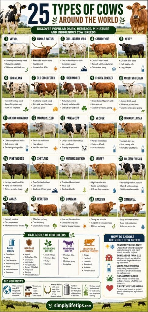 Types of Cows infographic featuring 25 popular cow breeds from around the world