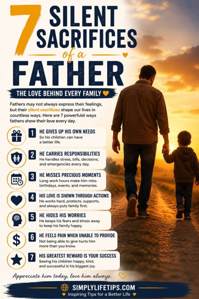 7 Silent Sacrifices of a Father 3 A father walking hand in hand with his child at sunset, symbolizing the seven silent sacrifices fathers make for their families.