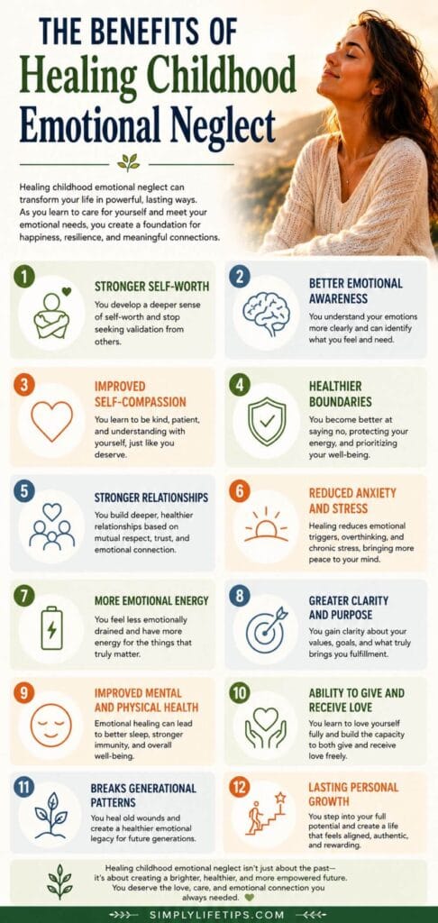 Pinterest infographic showing 16 benefits of healing childhood emotional neglect, including self-esteem, emotional awareness, healthier relationships, reduced anxiety, and personal growth.