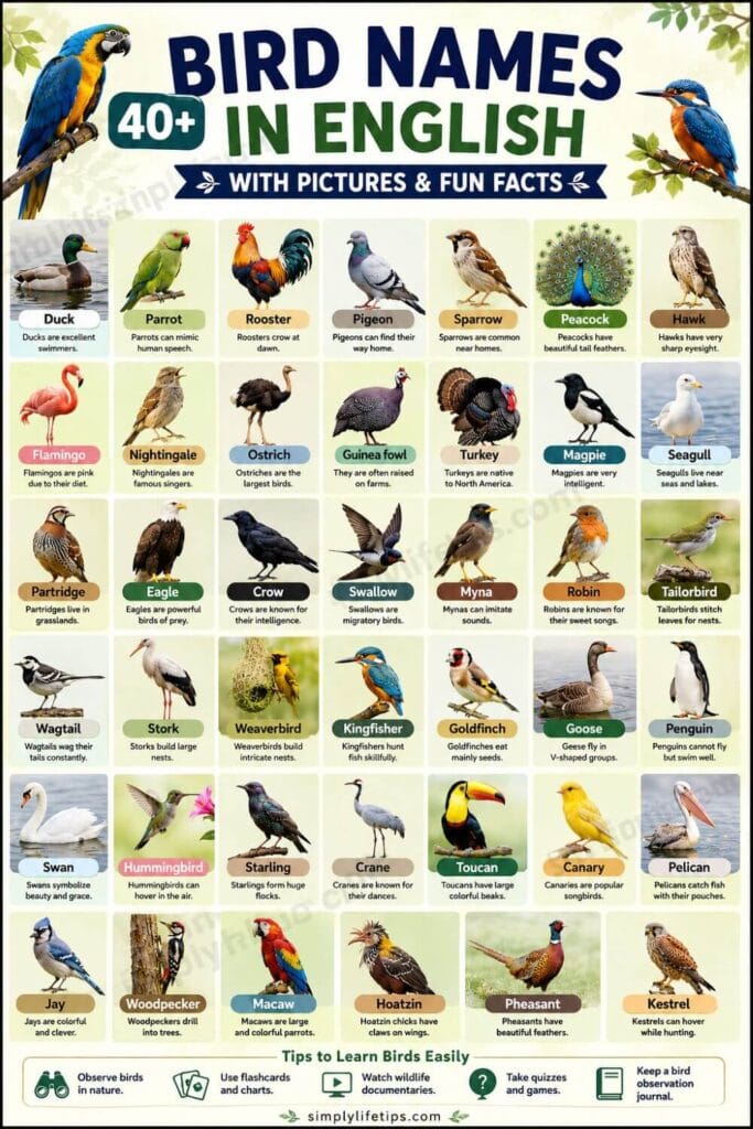Bird Names in English with Pictures: Vocabulary List 3 Educational infographic showing 40+ bird names in English with pictures, facts, habitats, and learning tips for students.