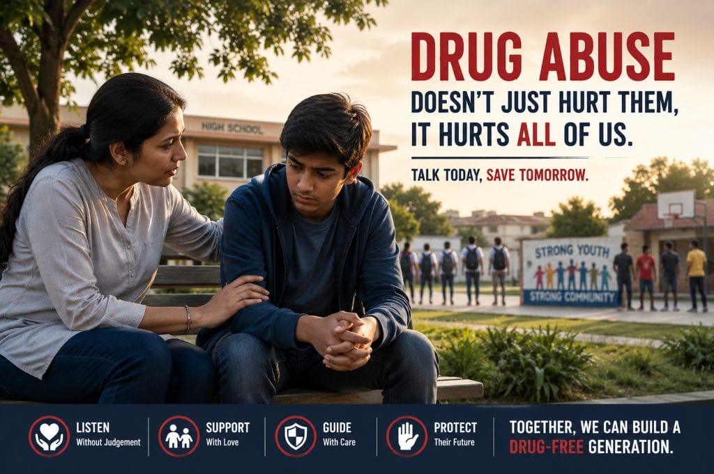 Concerned parent talking to a teenager about the dangers of drug abuse near a school campus