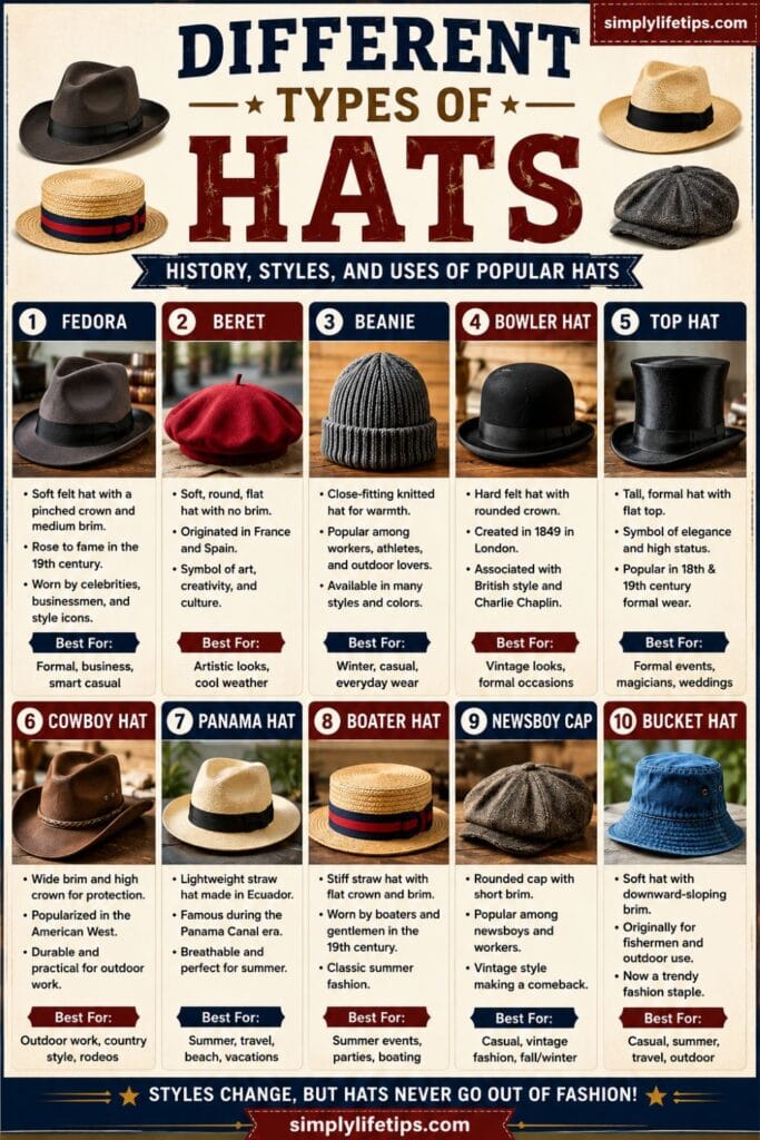 Different Types of Hats: History, Styles, and Uses 3 Infographic showing different types of hats including Fedora, Beret, Beanie, Bowler Hat, Top Hat, Cowboy Hat, Panama Hat, Boater Hat, Newsboy Cap, and Bucket Hat