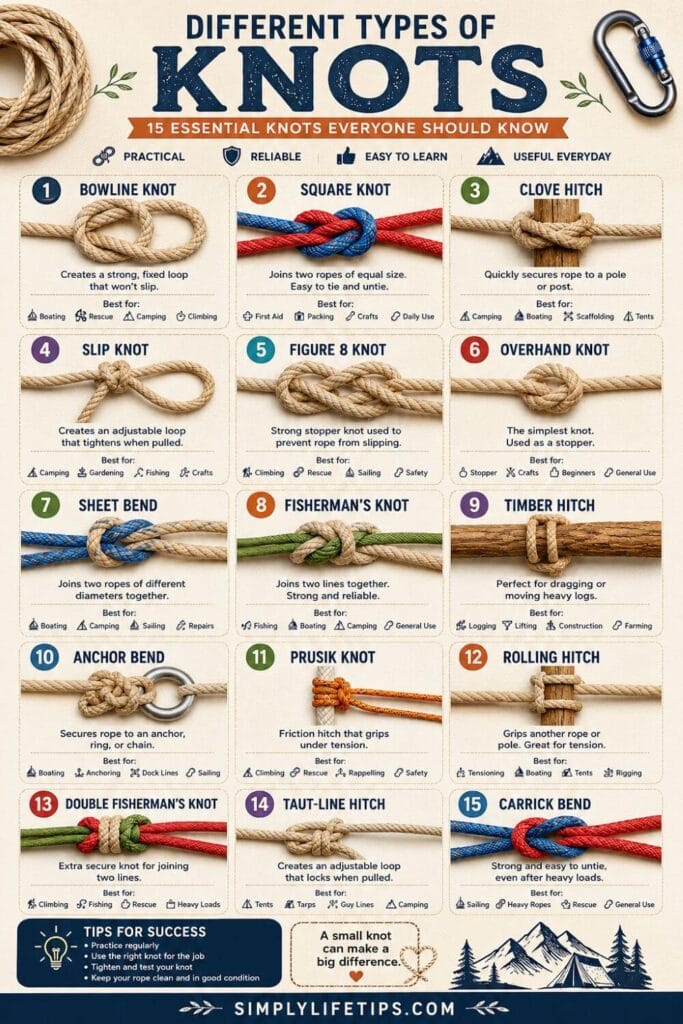 15 Different Types of Knots For Students 3 An infographic showing 15 different types of knots, including the Bowline Knot, Square Knot, Clove Hitch, Slip Knot, Figure Eight Knot, Overhand Knot, Sheet Bend, Fisherman's Knot, Timber Hitch, Anchor Bend, Prusik Knot, Rolling Hitch, Double Fisherman's Knot, Taut-Line Hitch, and Carrick Bend, with their common uses.