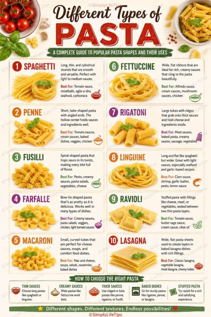 Different Types of Pasta: A Complete Guide 3 Different types of pasta including spaghetti, penne, fusilli, farfalle, macaroni, fettuccine, rigatoni, linguine, ravioli, and lasagna