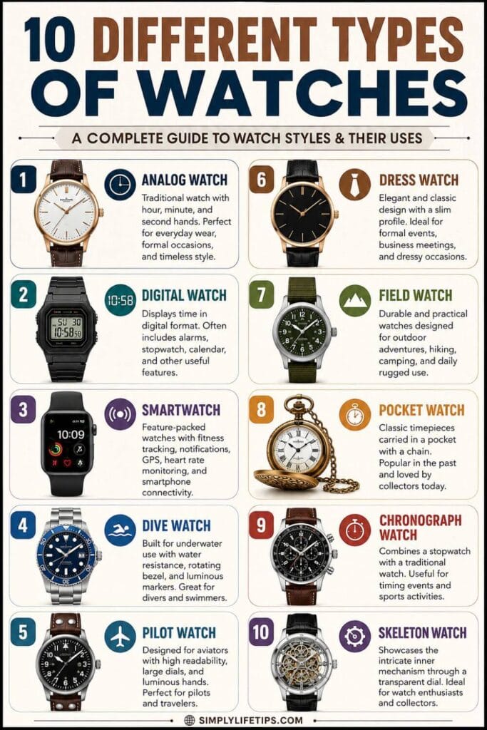Different Types of Watches | A Complete Guide to Watch Styles and Their Uses 3 Different types of watches including analog, digital, smartwatch, dive, pilot, dress, field, pocket, chronograph, and skeleton watches