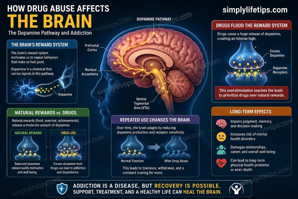 Medical illustration showing how drug abuse affects the brain, dopamine pathways, reward system, and addiction development