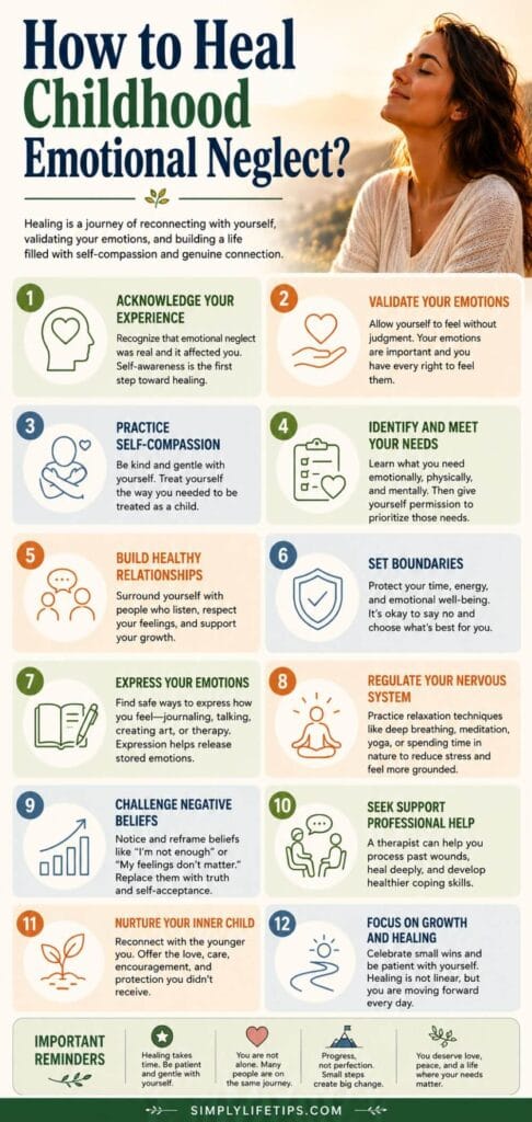 Infographic showing 12 practical steps on how to heal childhood emotional neglect, including self-compassion, emotional validation, healthy boundaries, therapy, and emotional growth.