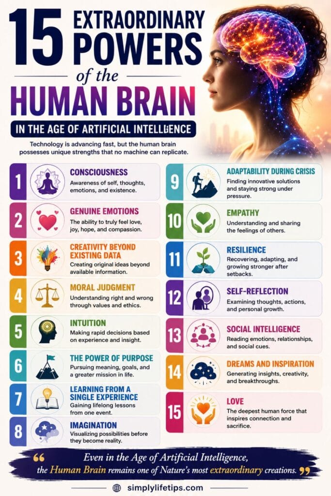 15 extraordinary powers of the human brain in the age of artificial intelligence infographic showing consciousness, creativity, empathy, intuition, resilience, and love