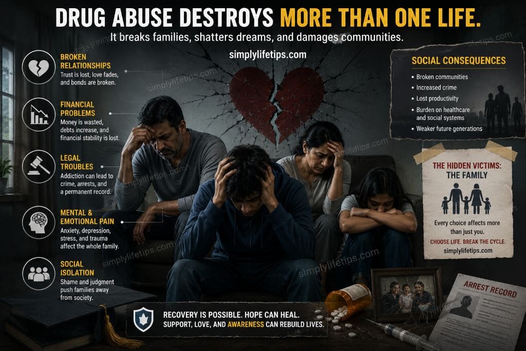 Family in emotional distress showing the impact of drug abuse on relationships, mental health, and society