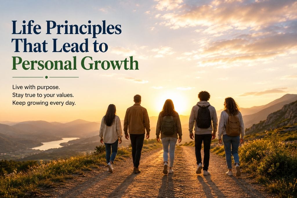 5 Basic Rules of Life for a Meaningful and Balanced Life 9 Diverse group of people walking forward together toward a bright horizon, symbolizing personal growth, wisdom, and meaningful living.