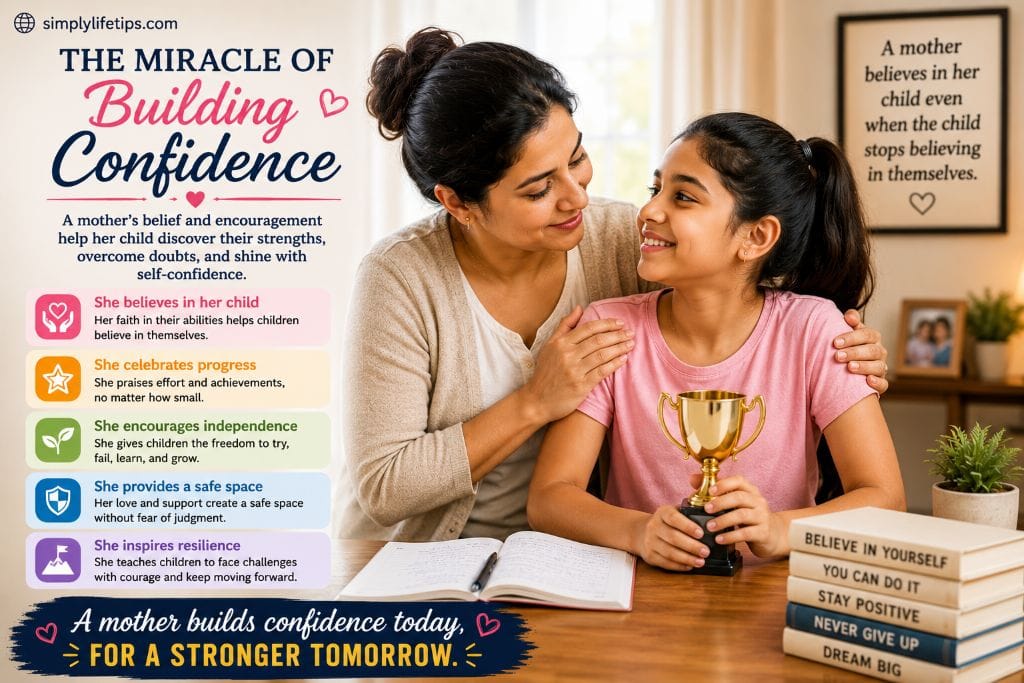 A Mother Building Confidence Mother encouraging her daughter holding a trophy, representing confidence building, self-belief, achievement, and parental support.