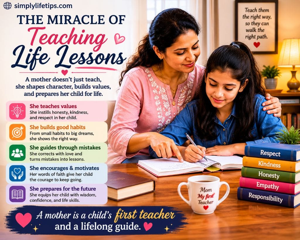 Miracles of a Mother: Timeless Gifts of Love and Sacrifice 9 Mother teaching her daughter important life lessons through study, guidance, values, and everyday learning experiences.