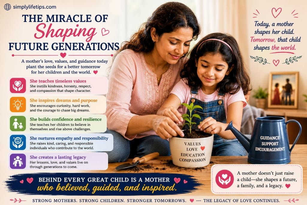 Miracles of a Mother: Timeless Gifts of Love and Sacrifice 12 Mother teaching and guiding her daughter while planting a young plant, symbolizing values, growth, legacy, and shaping future generations.