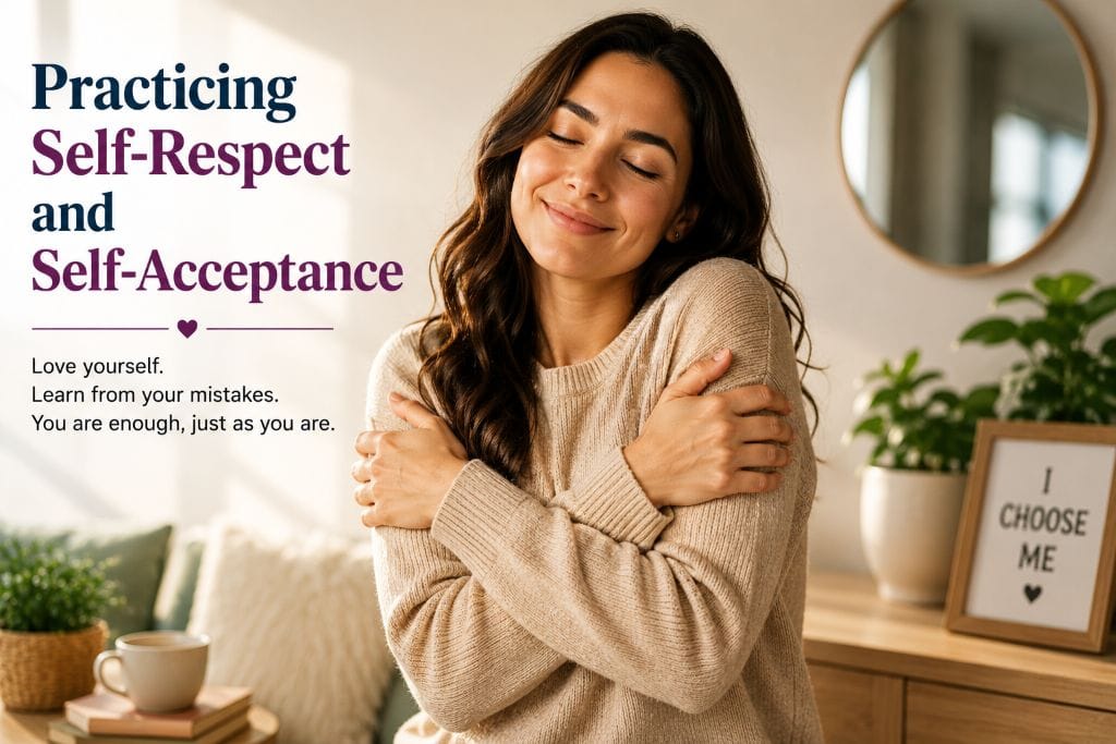 5 Basic Rules of Life for a Meaningful and Balanced Life 5 Smiling woman embracing herself with confidence, symbolizing self-love, self-respect, and healthy self-esteem.