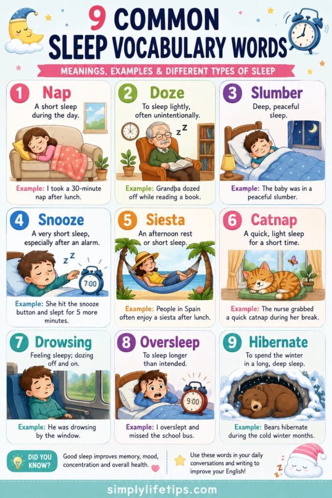 Sleep Vocabulary For Students Learning 3 Sleep Vocabulary guide showing different types of sleep including nap, doze, slumber, snooze, siesta, catnap, drowsing, oversleep, and hibernate.