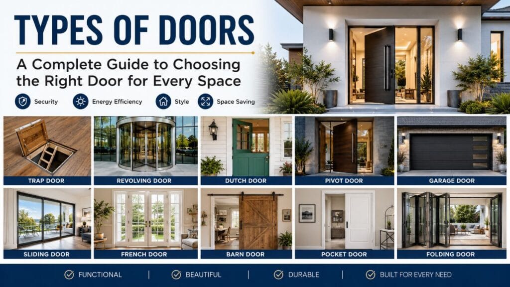 Types of doors including trap door, revolving door, Dutch door, pivot door, garage door, sliding door, French door, barn door, pocket door, and folding door.