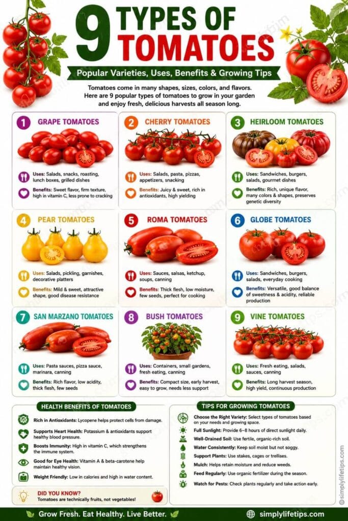 Infographic showing 9 types of tomatoes including grape, cherry, heirloom, pear, Roma, globe, San Marzano, bush, and vine tomatoes with their uses, benefits, and growing tips.