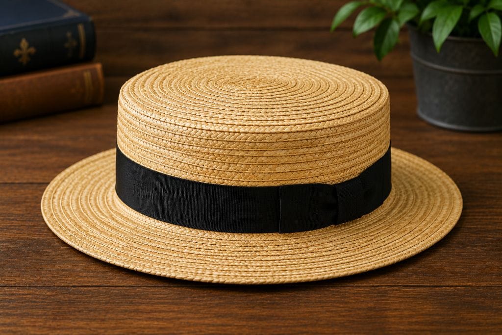 Different Types of Hats: History, Styles, and Uses 11 Traditional straw Boater hat with a flat crown and black ribbon band displayed on a wooden table