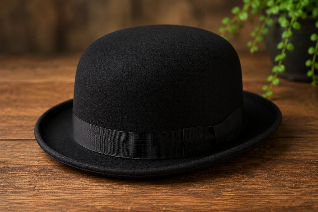 Different Types of Hats: History, Styles, and Uses 7 Black Bowler hat with a rounded crown and narrow brim displayed on a wooden table
