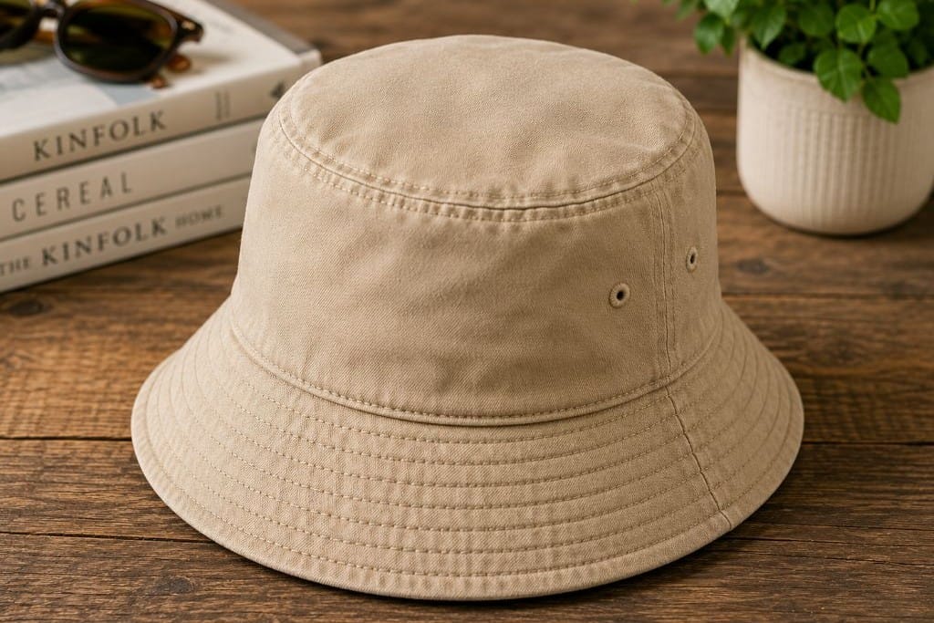 Different Types of Hats: History, Styles, and Uses 13 Beige cotton Bucket Hat with a downward-sloping brim displayed on a wooden table