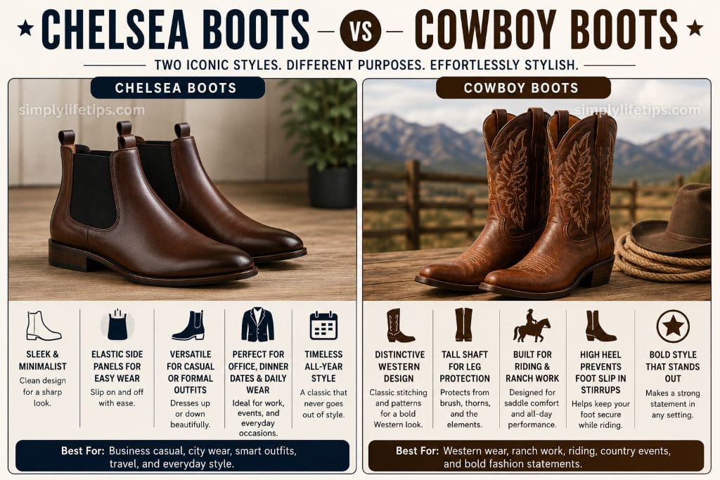 Types of Boots Explained For Students 4 Chelsea boots and cowboy boots comparison showing two popular types of boots and their unique styles.