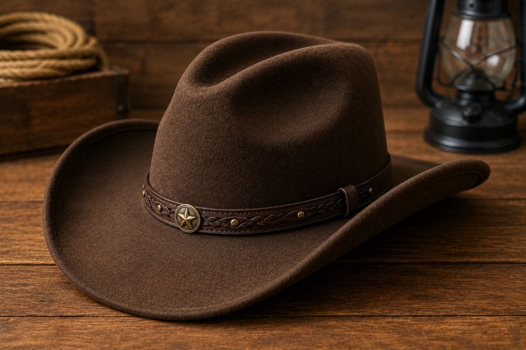 Different Types of Hats: History, Styles, and Uses 9 Brown Cowboy hat with a wide brim and high crown displayed on a rustic wooden table