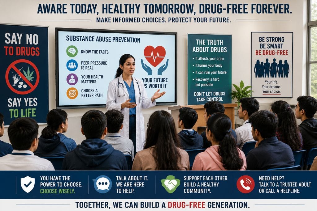 Healthcare professional conducting a drug awareness seminar for students on substance abuse prevention