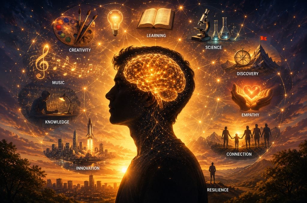 Human silhouette with a glowing brain surrounded by symbols of creativity, empathy, science, learning, innovation, resilience, and human potential