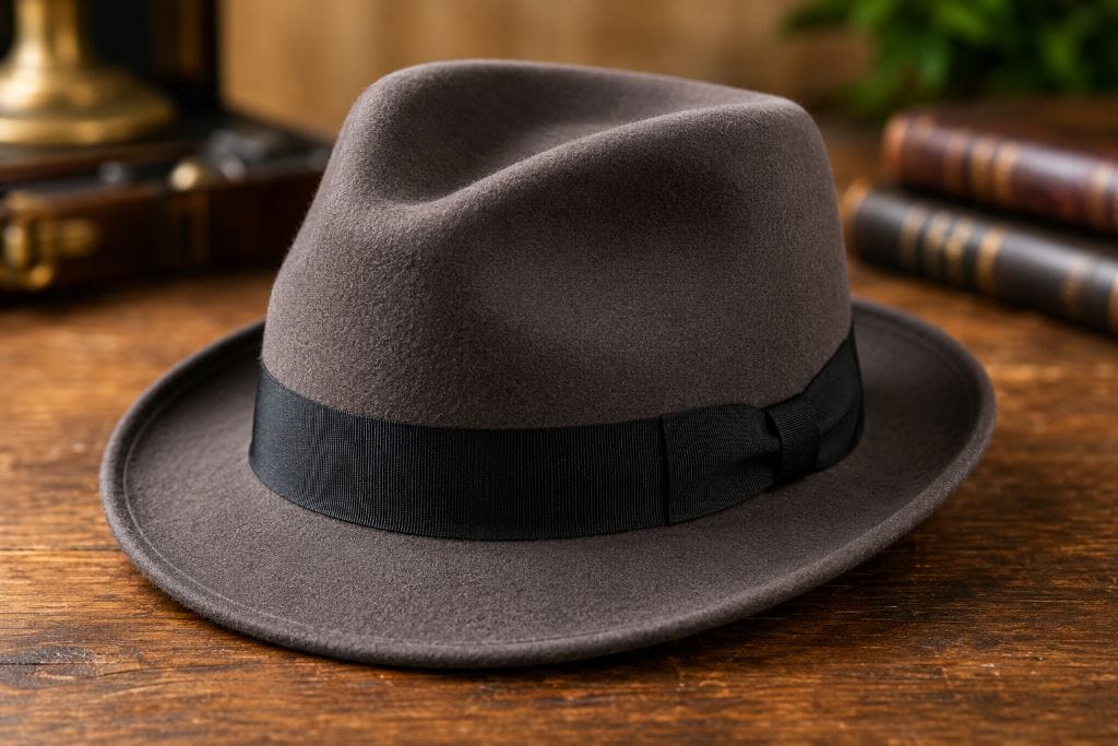 Different Types of Hats: History, Styles, and Uses 4 Classic grey Fedora hat with a pinched crown and medium brim displayed on a wooden surface