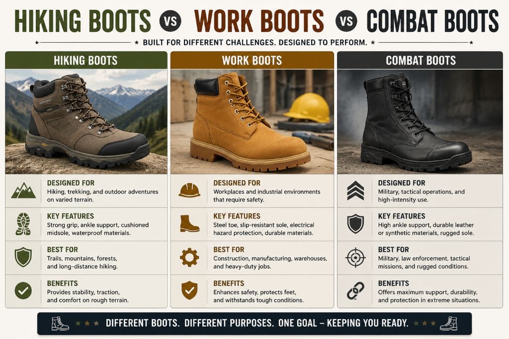 Types of Boots Explained For Students 5 Comparison of hiking boots, work boots, and combat boots showing their features, uses, benefits, and ideal environments.