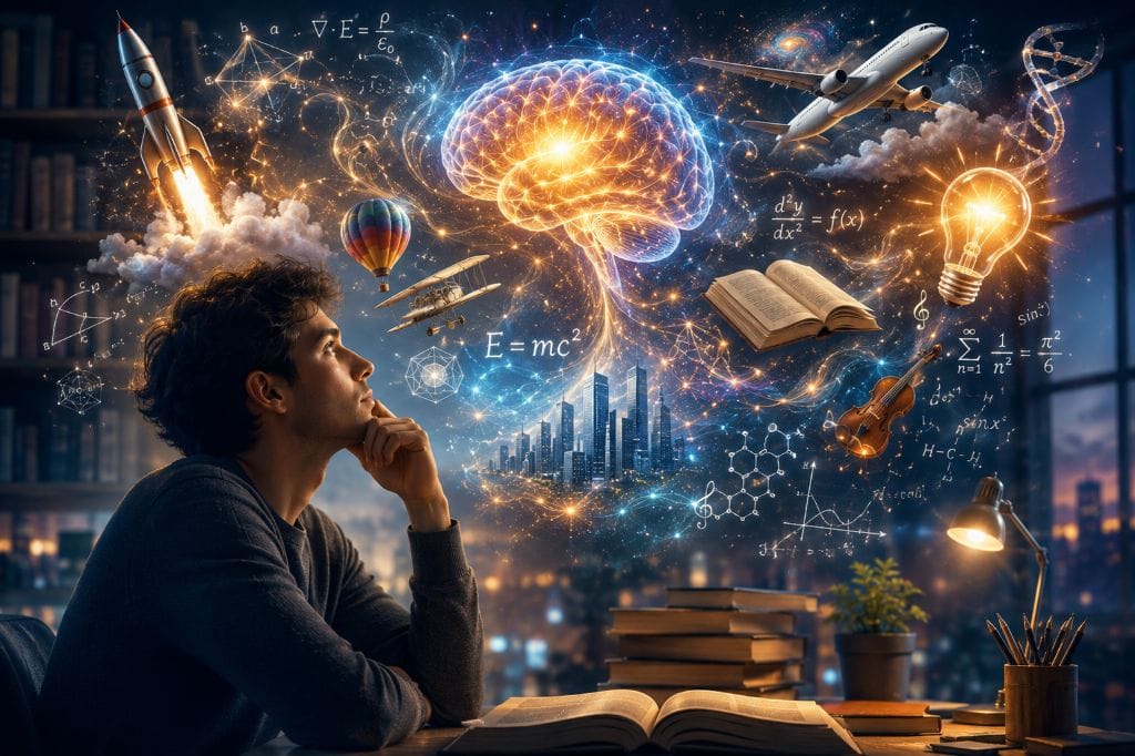 Creative thinker imagining airplanes, rockets, books, light bulbs, and scientific discoveries emerging from a glowing human brain