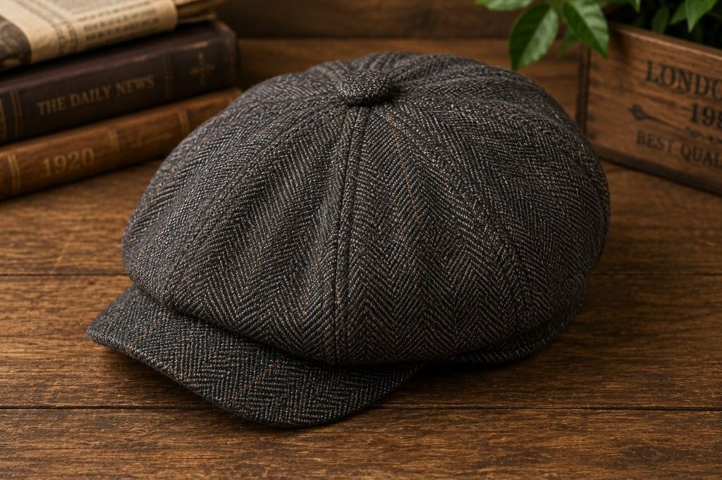 Different Types of Hats: History, Styles, and Uses 12 Grey tweed Newsboy Cap with eight-panel construction and short brim displayed on a wooden table