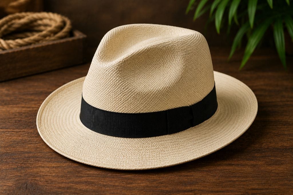 Different Types of Hats: History, Styles, and Uses 10 Woven straw Panama hat with a black ribbon band displayed on a wooden table